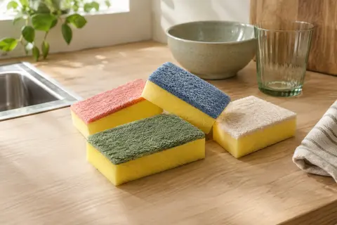 Quatre éponges double face, avec une surface texturée colorée et une face jaune en mousse absorbante