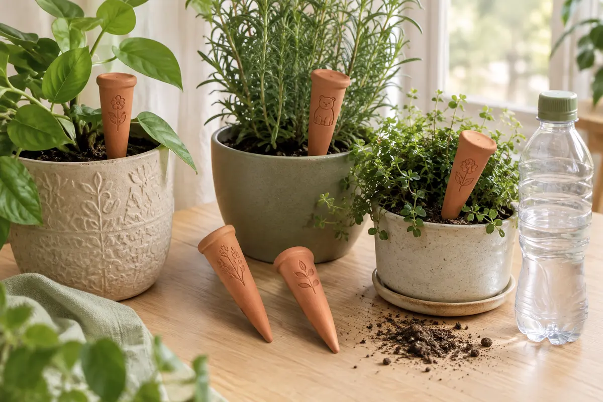Quatre cônes d’arrosage en terre cuite décorés, placés dans des pots de plantes sur une surface en bois clair.