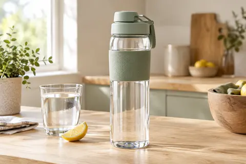 Gourde transparente de 600 ml avec large goulot et manchon moulé, posée sur une table en bois clair.
