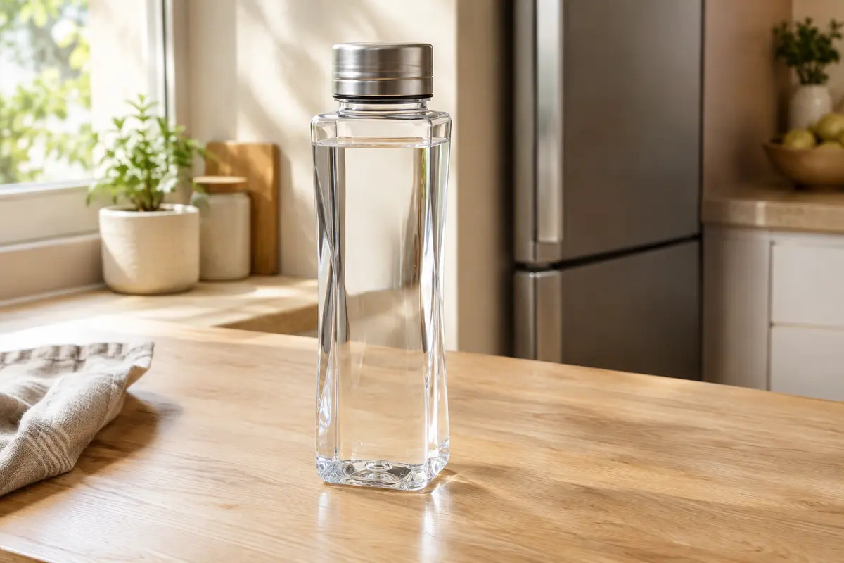 Gourde carrée transparente de 725 ml avec bouchon à vis, posée sur un plan en bois clair dans une cuisine lumineuse.