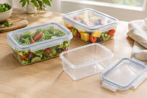 Trois boîtes transparentes à clips, empilables, pour conserver fruits, salades et préparations.
