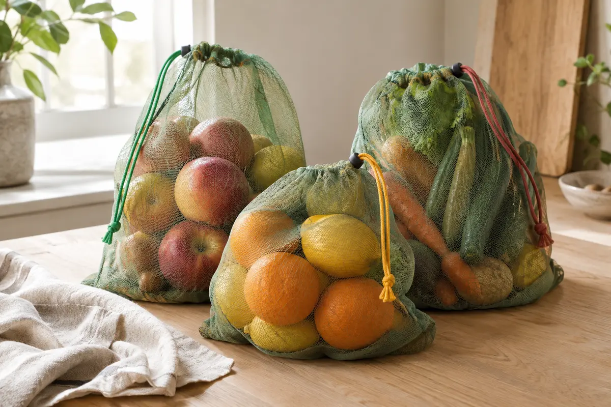 Trois sacs à vrac verts en maille transparente remplis de fruits et légumes sur une table en bois clair.
