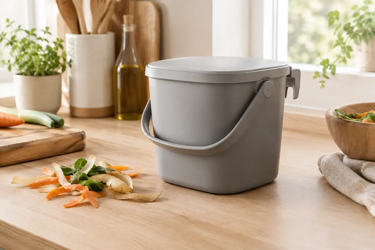 Poubelle à compost de cuisine grise avec couvercle amovible, poignée et crochet, posée près d’épluchures.
