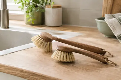 Deux brosses à vaisselle Sorbo en bois marron et fibres Tampico posées sur un plan de travail clair.