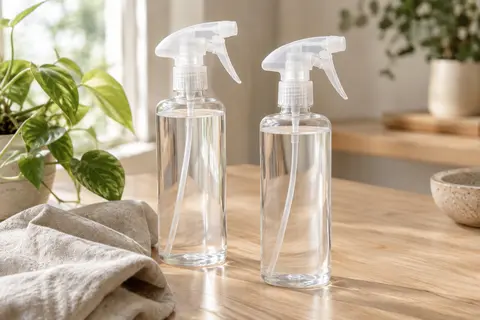 Deux flacons pulvérisateurs transparents en PET posés sur une surface en bois clair près d’une plante.