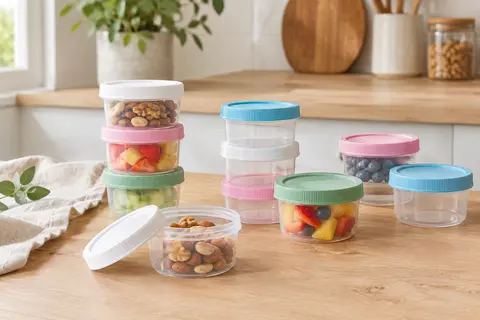 Pots alimentaires transparents à couvercles colorés, empilés sur un plan de travail en bois clair