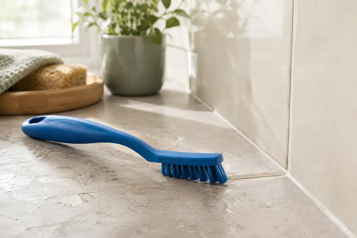 Brosse à joints bleue à poignée ergonomique posée près d’un carrelage clair et de ses joints.