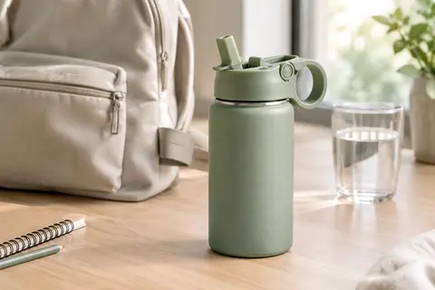 Gourde isotherme vert aloe en inox avec paille rabattable et poignée, posée sur une table en bois clair.