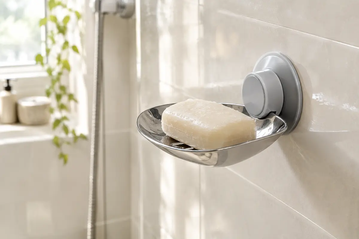 Porte-savon mural chromé à ventouse installé sur un carrelage clair avec un savon