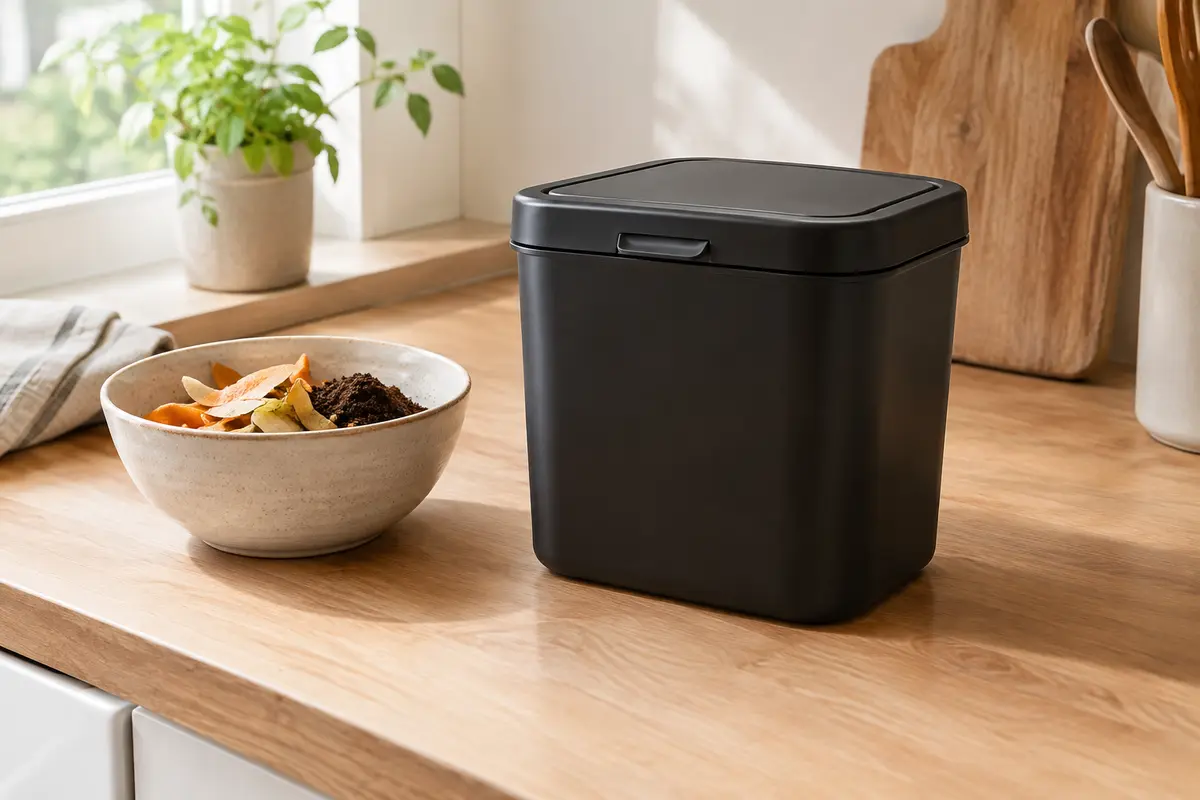Poubelle à compost rectangulaire noire avec couvercle, posée sur un plan de travail en bois clair