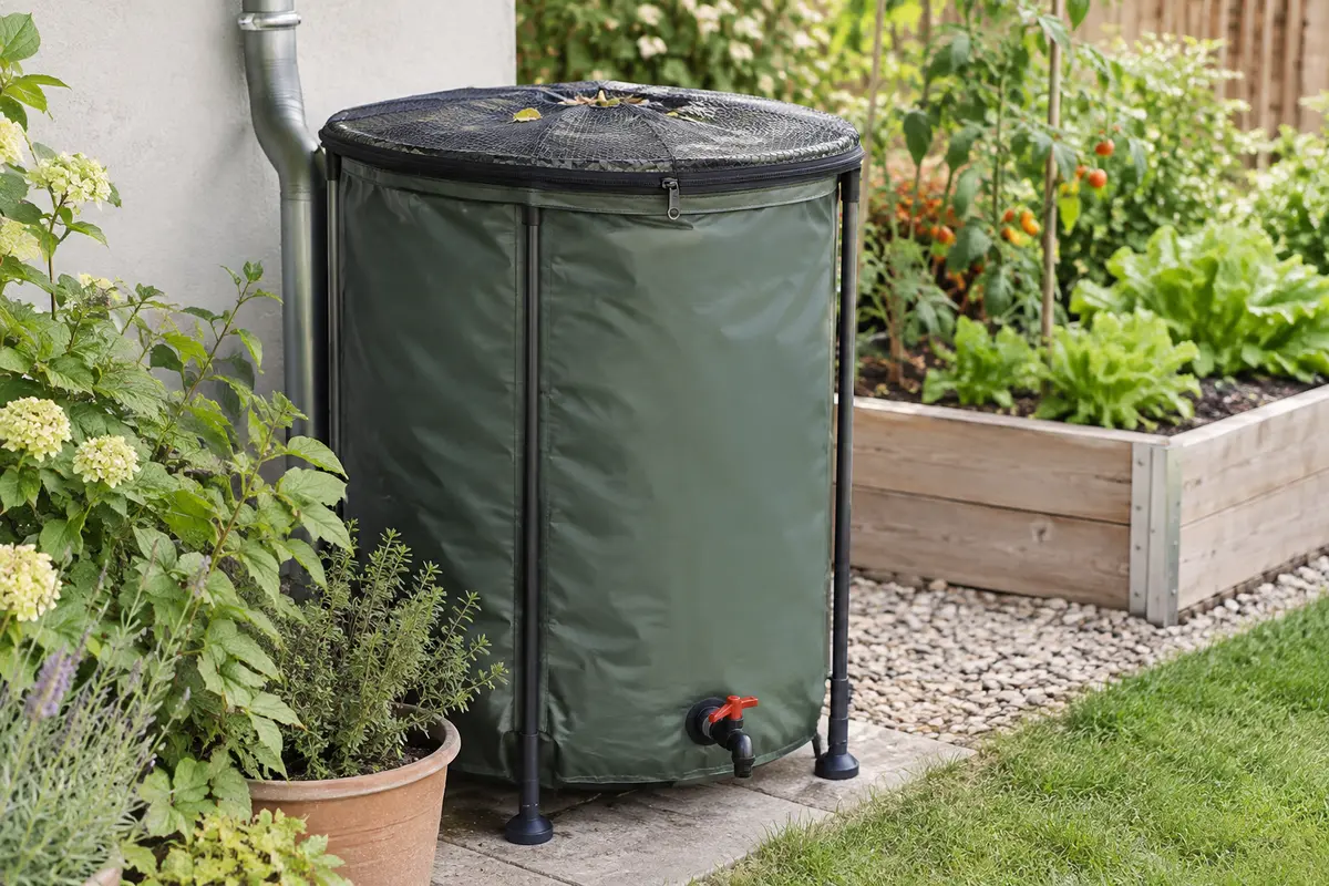 Récupérateur d’eau de pluie pliable dans un jardin, avec filtre supérieur et robinet de vidange.