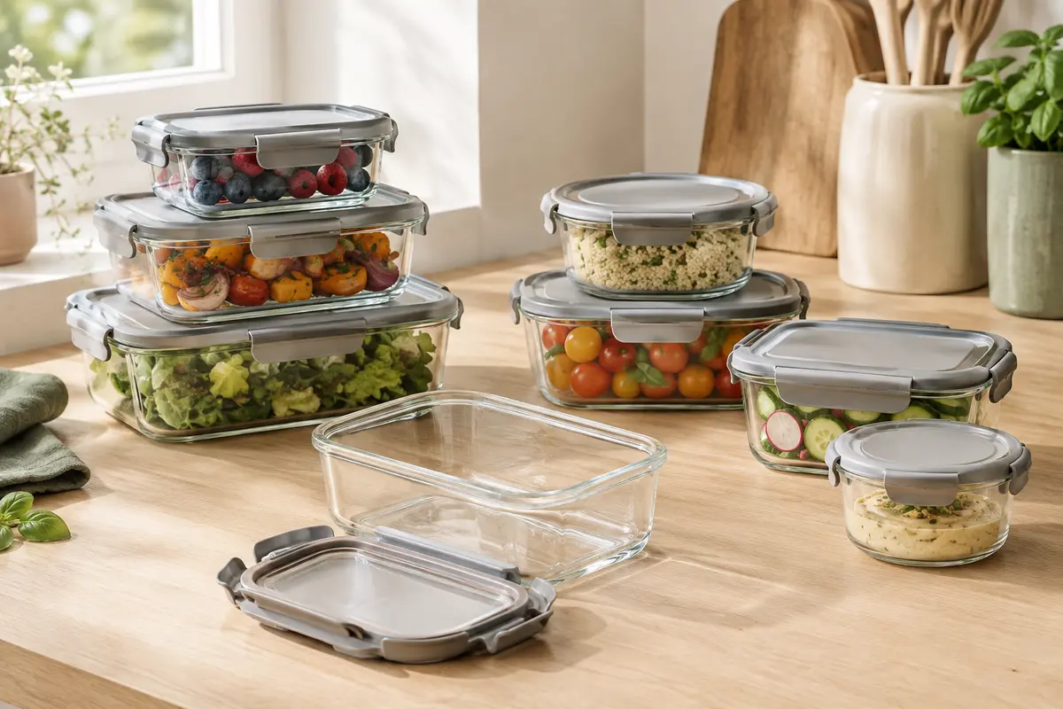 Ensemble de boîtes alimentaires en verre transparent à couvercles gris, empilées sur un plan de travail en bois clair.