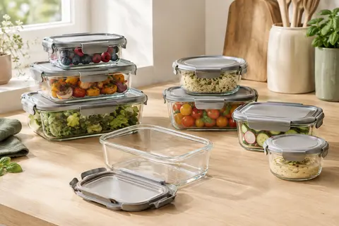 Ensemble de boîtes alimentaires en verre transparent à couvercles gris, empilées sur un plan de travail en bois clair.