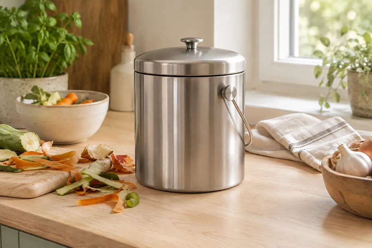 Bac à compost cylindrique en acier inoxydable gris posé sur un plan de travail en bois clair