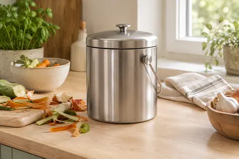 Bac à compost cylindrique en acier inoxydable gris posé sur un plan de travail en bois clair