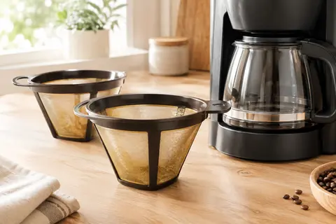 Deux filtres à café panier en maille inox dorée avec cadre et poignée en plastique, près d’une cafetière.