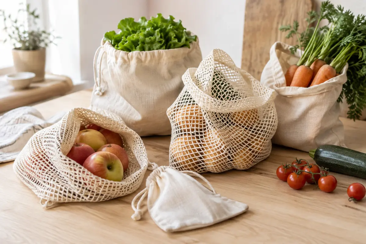 Sacs réutilisables en coton naturel, en maille et en tissu, présentés avec des fruits et légumes sur du bois clair.
