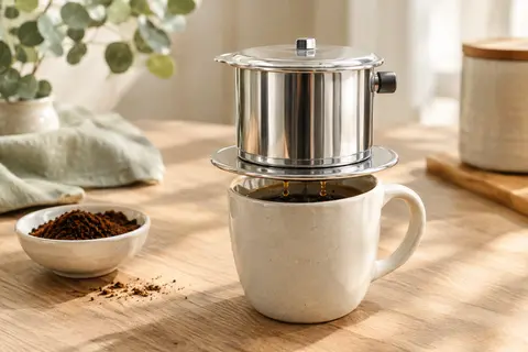 Filtre à café vietnamien Phin en inox posé sur une tasse, avec le café qui s’écoule goutte à goutte.