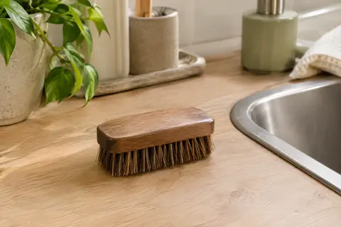 Brosse de nettoyage Vigar marron à poils fermes posée près d’un évier sur une surface en bois clair.