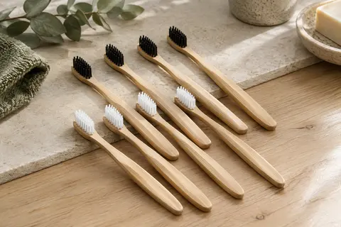 Huit brosses à dents à manches en bambou, avec des poils souples noirs ou blancs, posées sur une surface claire.