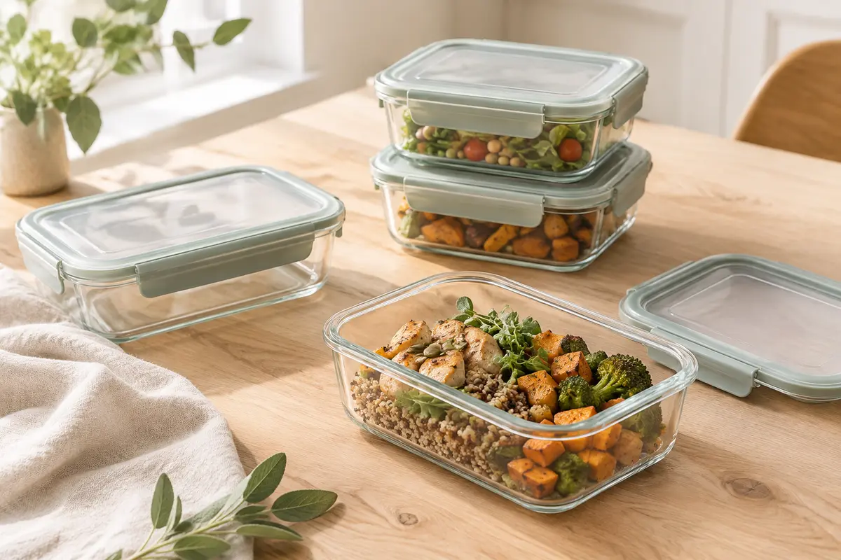 Cinq boîtes repas en verre transparent avec couvercles à clips, posées sur une table en bois clair.