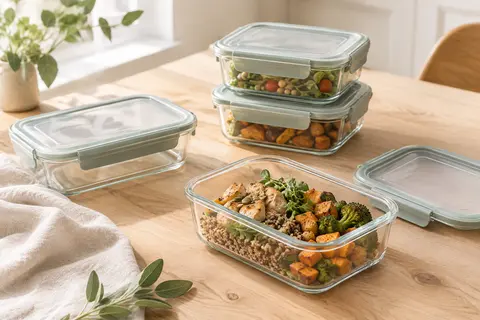 Cinq boîtes repas en verre transparent avec couvercles à clips, posées sur une table en bois clair.