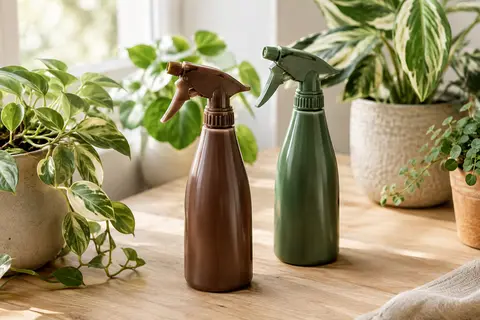 Deux flacons pulvérisateurs rechargeables, brun et vert, posés près de plantes sur une surface en bois clair