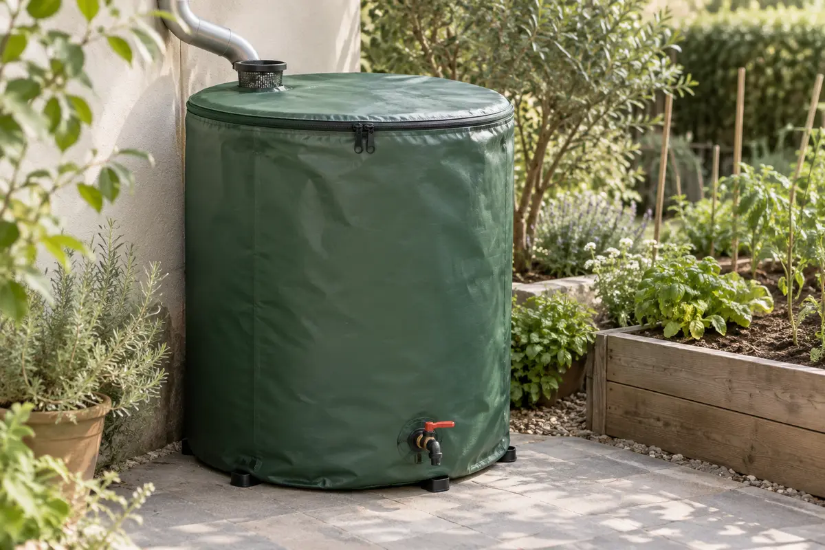 Citerne souple verte de récupération d’eau de pluie, avec couvercle zippé et robinet, installée au jardin.