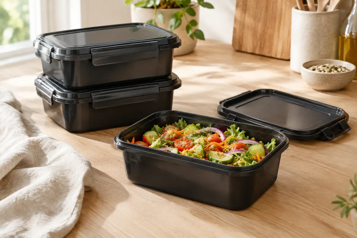 Boîtes repas rectangulaires en plastique noir avec couvercles clipsés, empilées sur un plan de cuisine en bois clair.