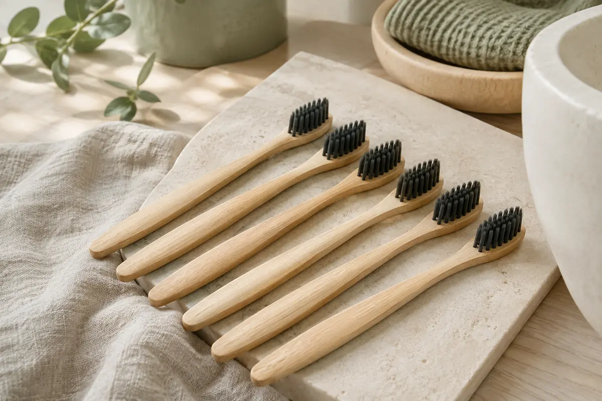 Brosses à dents aux manches en bambou clair et aux poils sombres posées sur une surface de pierre mate