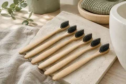 Brosses à dents aux manches en bambou clair et aux poils sombres posées sur une surface de pierre mate