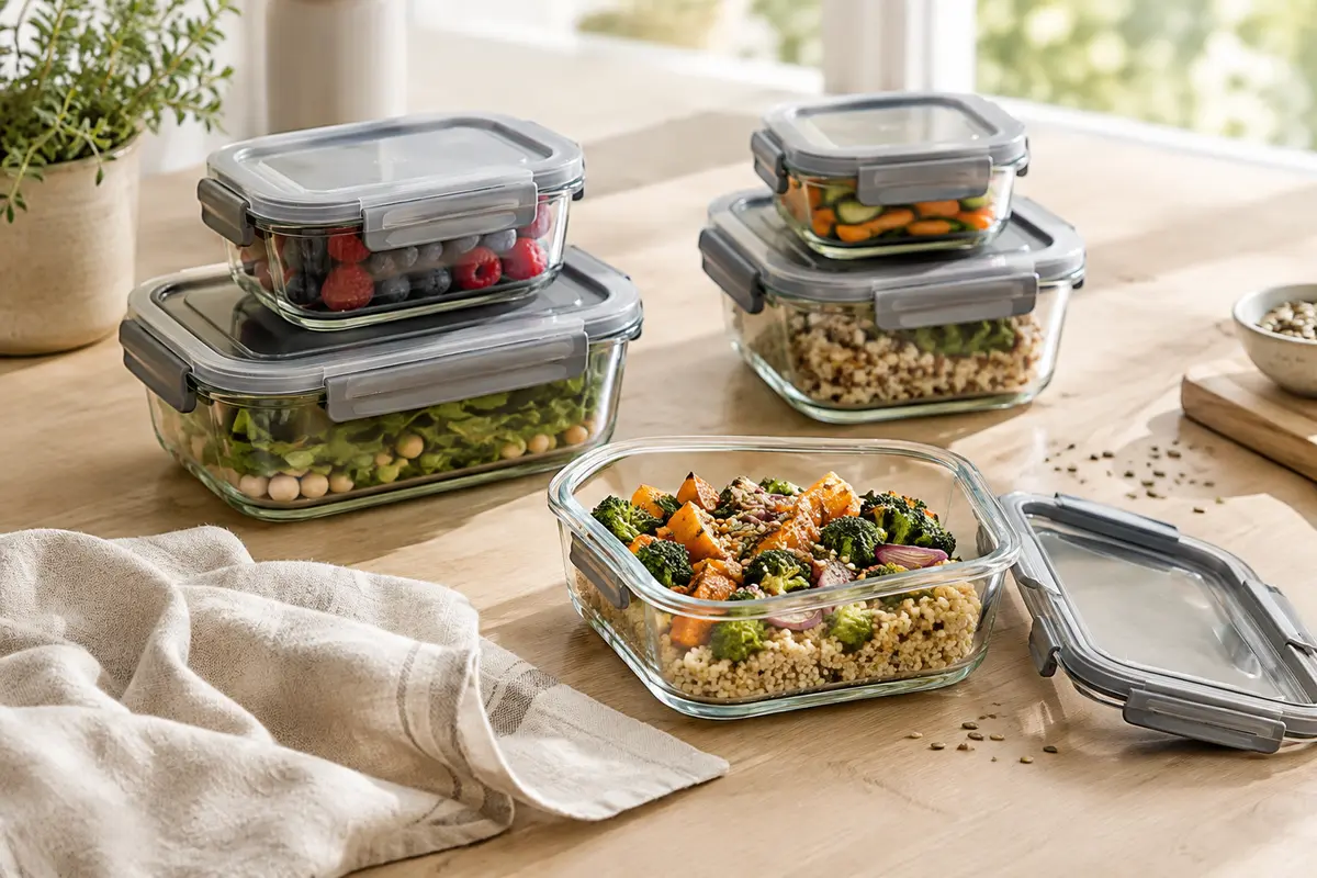 Boîtes alimentaires en verre transparent avec couvercles gris à clips, disposées sur un plan en bois clair.