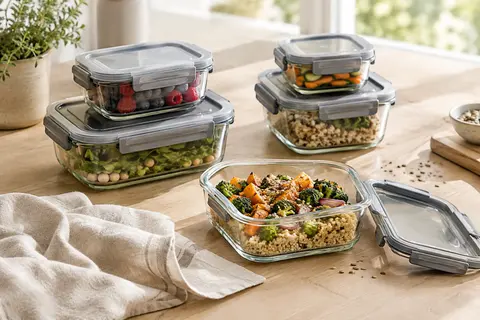 Boîtes alimentaires en verre transparent avec couvercles gris à clips, disposées sur un plan en bois clair.