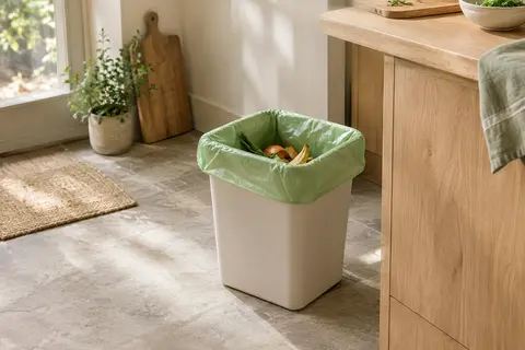 Sac compostable vert de 10 L installé dans une petite corbeille près d’un plan de travail en bois.