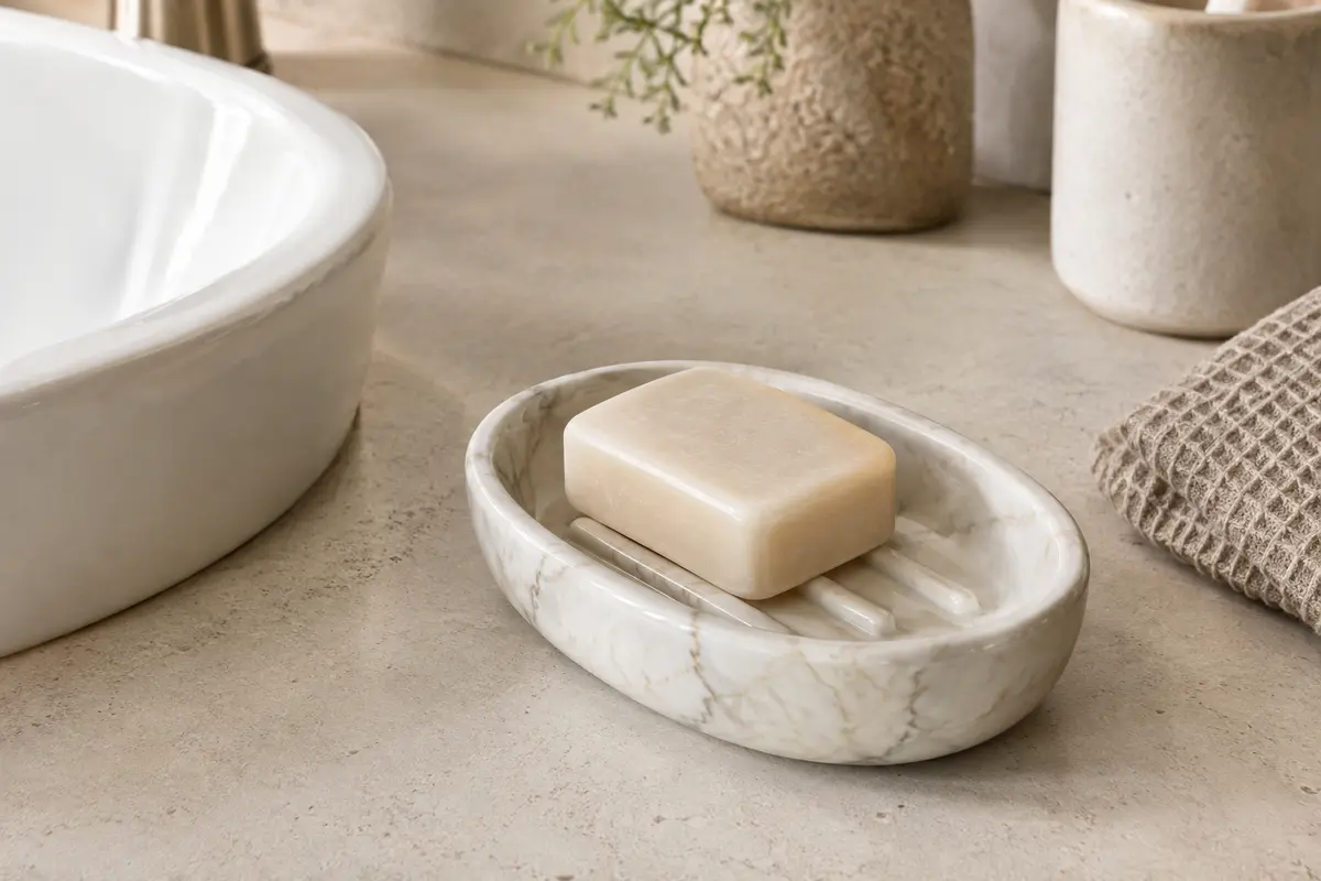 Porte-savon ovale en céramique blanche à motif marbré, posé près d’un lavabo avec un savon solide.