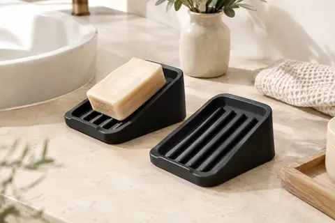 Deux porte-savons noirs en silicone, l’un avec un savon, posés sur une tablette claire près d’un lavabo.