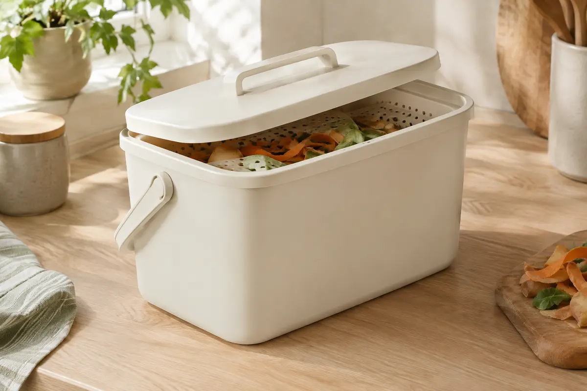 Bac à compost de cuisine ivoire avec couvercle ouvert, tamis amovible et épluchures sur un plan de travail en bois clair