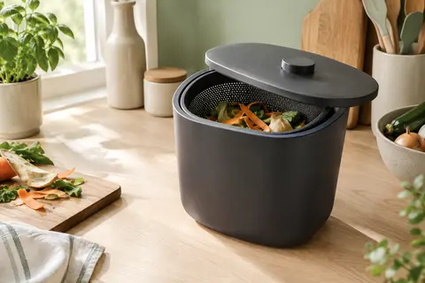 Composteur de cuisine anthracite à bouton posé sur un plan de travail avec des épluchures