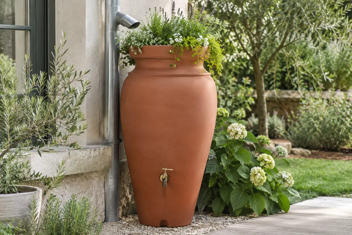 Récupérateur d’eau de pluie en forme d’amphore avec jardinière intégrée, installé près de plantes dans un jardin.