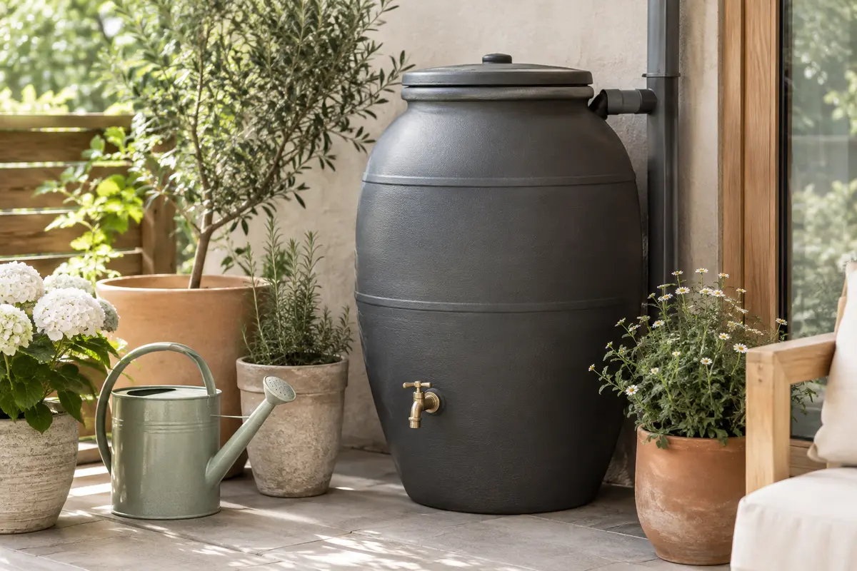 Récupérateur d’eau de pluie anthracite en forme d’amphore, avec panier filtrant et robinet sur une terrasse.