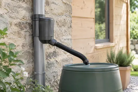 Collecteur en PVC raccordé à une descente pluviale et à un contenant de récupération d’eau