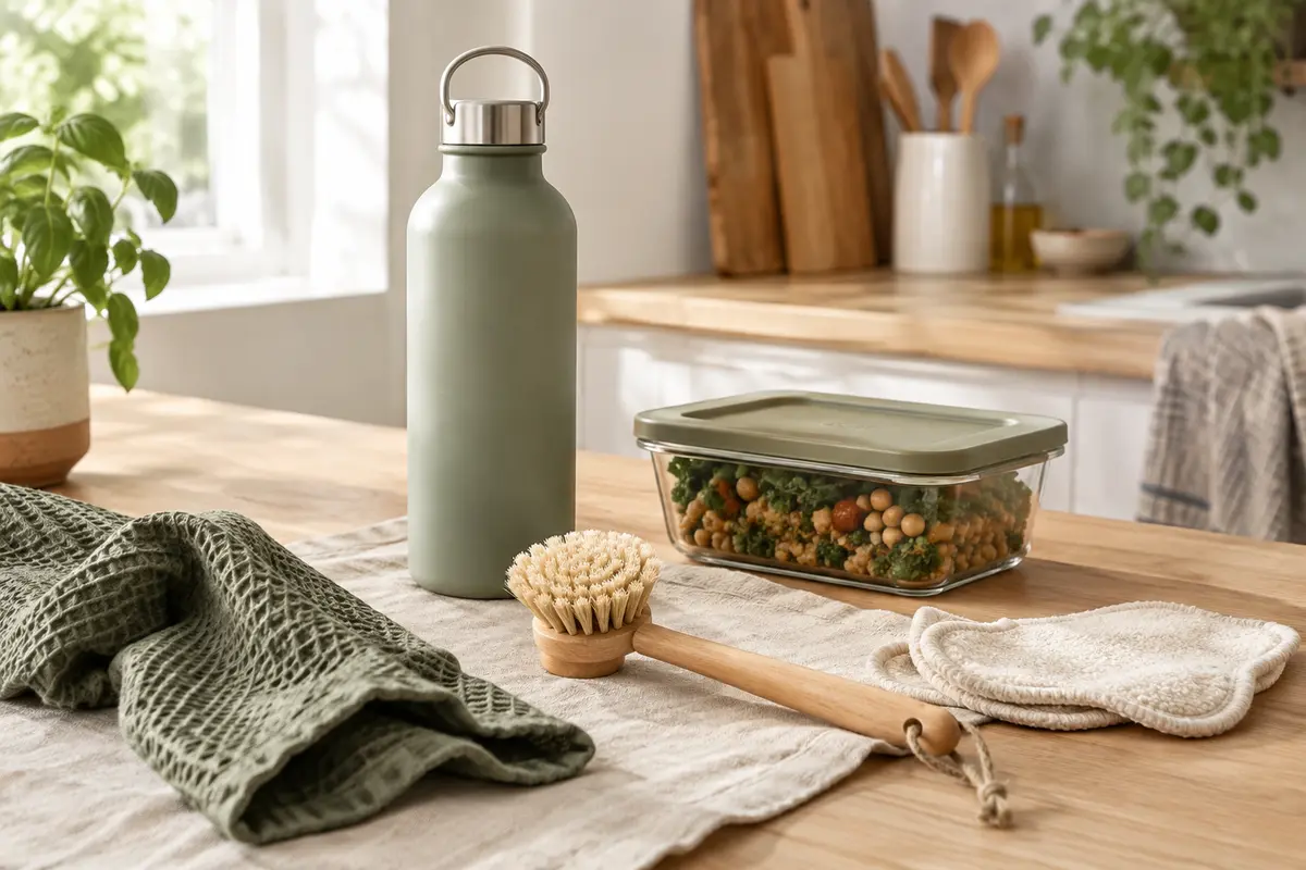 Accessoires réutilisables pour la cuisine et l’entretien présentés dans un intérieur aux matières naturelles.